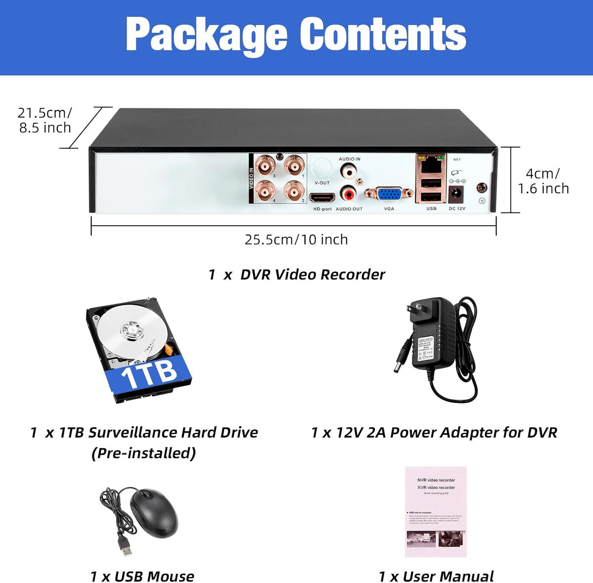 4 Channel DVR for Security Camera with 1TB Hard Drive, 4CH DVR Supports 5MP/4MP/1080P AHD/TVI/CVI/CVBS/IP Cameras, 24/7 Surveillance Recording,Human Detection,Remote Access