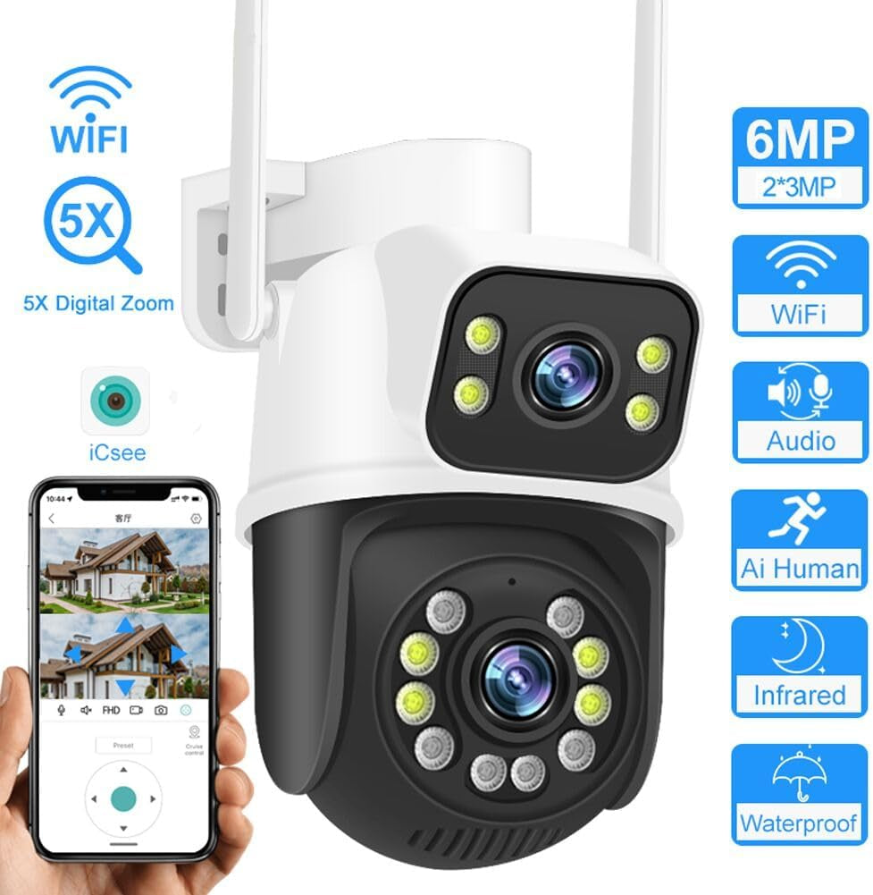 PTZ 2.4G/5G Wifi Outdoor Security Wireless 2X3MP Dual Lens Linkage Human Detect Pan Tilt Digital Zoom Auto Tracking Home Surveillance Camera 2-Way Audio 10M Color Night Vision Cable to Outlet Icsee