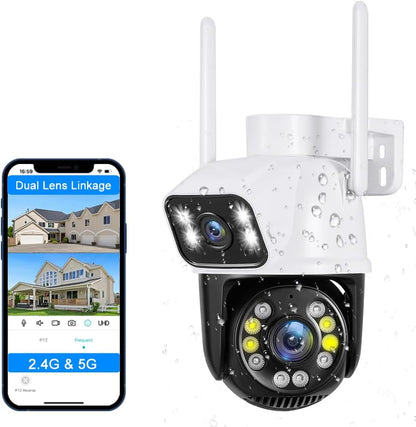 PTZ 2.4G/5G Wifi Outdoor Security Wireless 2X3MP Dual Lens Linkage Human Detect Pan Tilt Digital Zoom Auto Tracking Home Surveillance Camera 2-Way Audio 10M Color Night Vision Cable to Outlet Icsee