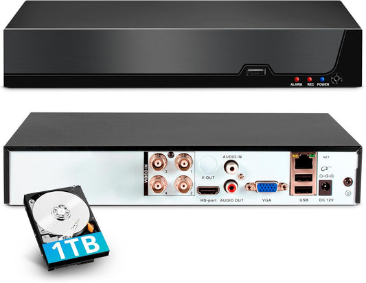 4 Channel DVR for Security Camera with 1TB Hard Drive, 4CH DVR Supports 5MP/4MP/1080P AHD/TVI/CVI/CVBS/IP Cameras, 24/7 Surveillance Recording,Human Detection,Remote Access